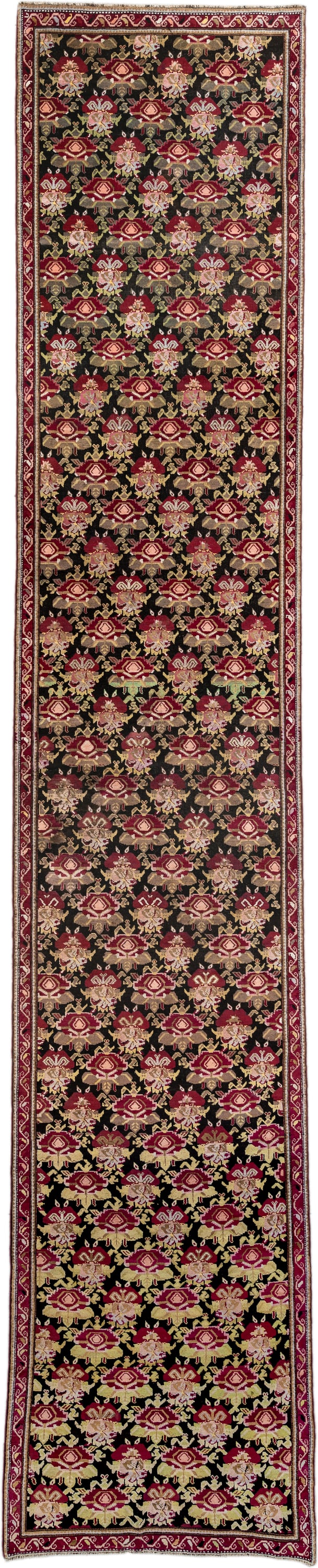 3' x 19' one-of-a-kind handmade antique Karabagh runner rug. Color palette: burgundy, ivory, black, olive, rose, gold, taupe