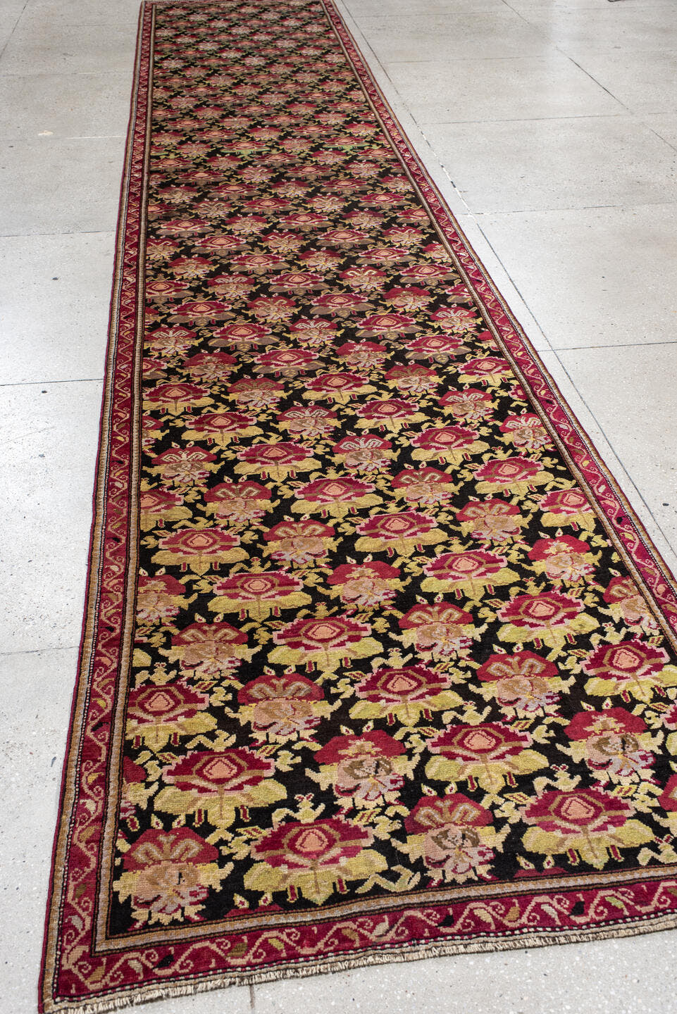 3' x 19' one-of-a-kind handmade antique Karabagh runner rug. Color palette: burgundy, ivory, black, olive, rose, gold, taupe