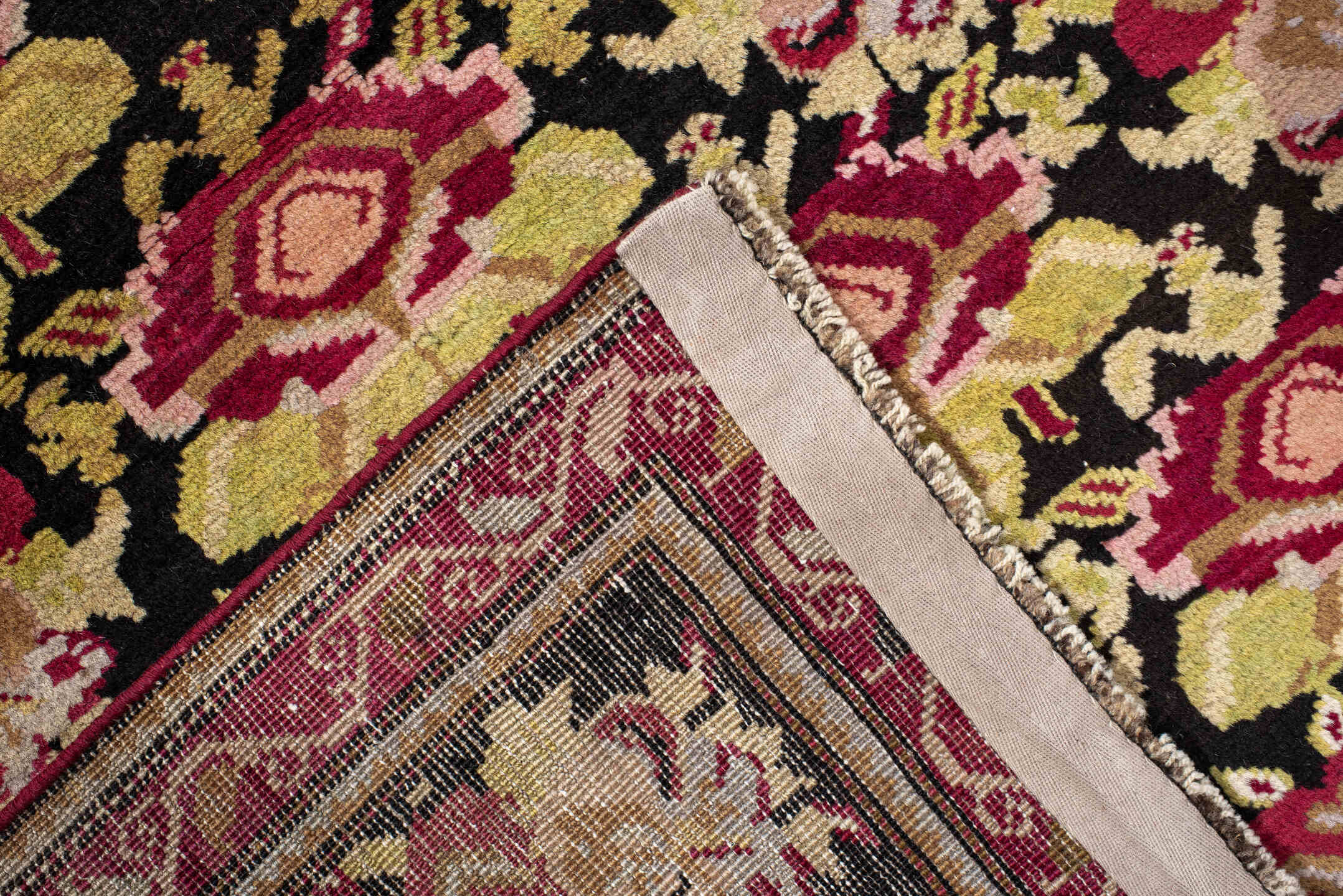 3' x 19' one-of-a-kind handmade antique Karabagh runner rug. Color palette: burgundy, ivory, black, olive, rose, gold, taupe