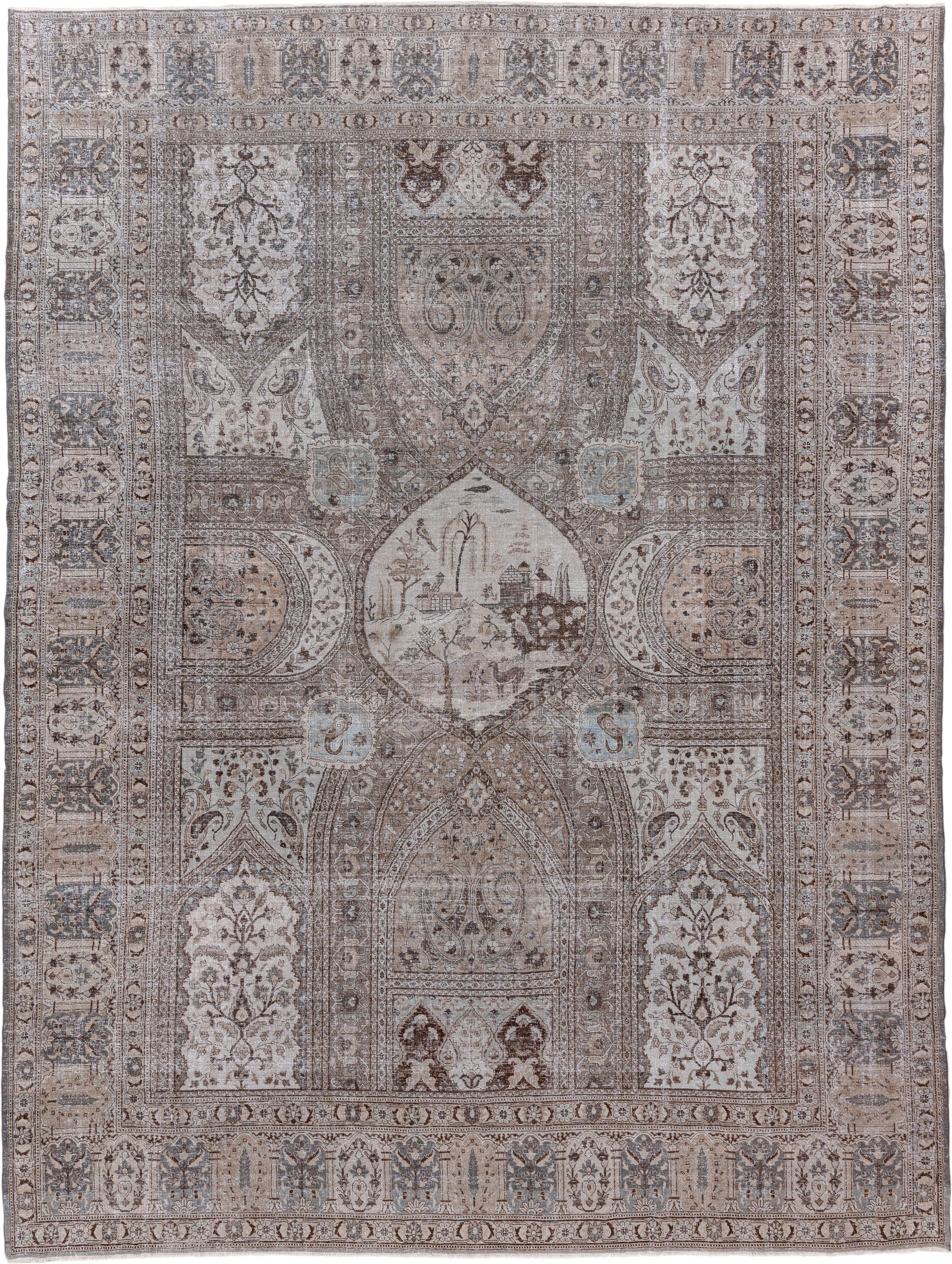 11' x 15' one-of-a-kind handmade vintage Tabriz oversize rug. Color palette: taupe, ivory, brown, slate, pale blue, beige