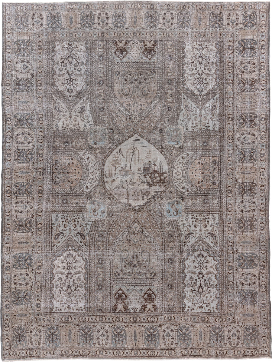 11' x 15' one-of-a-kind handmade vintage Tabriz oversize rug. Color palette: taupe, ivory, brown, slate, pale blue, beige