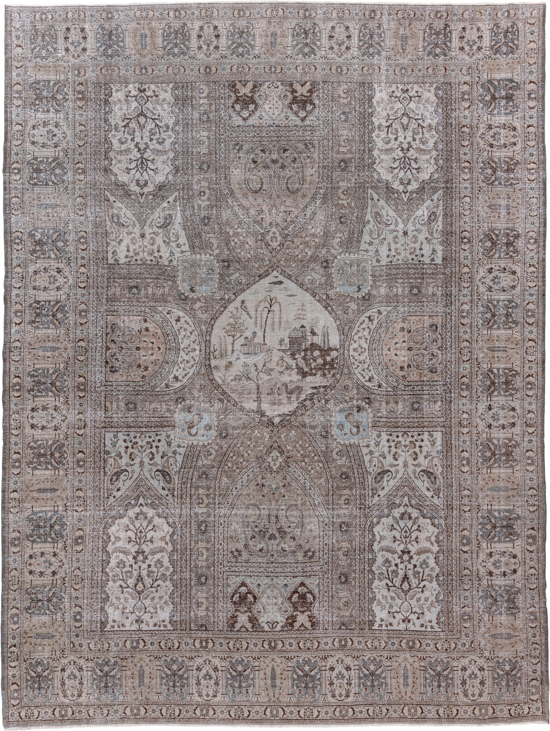 11' x 15' one-of-a-kind handmade vintage Tabriz oversize rug. Color palette: taupe, ivory, brown, slate, pale blue, beige