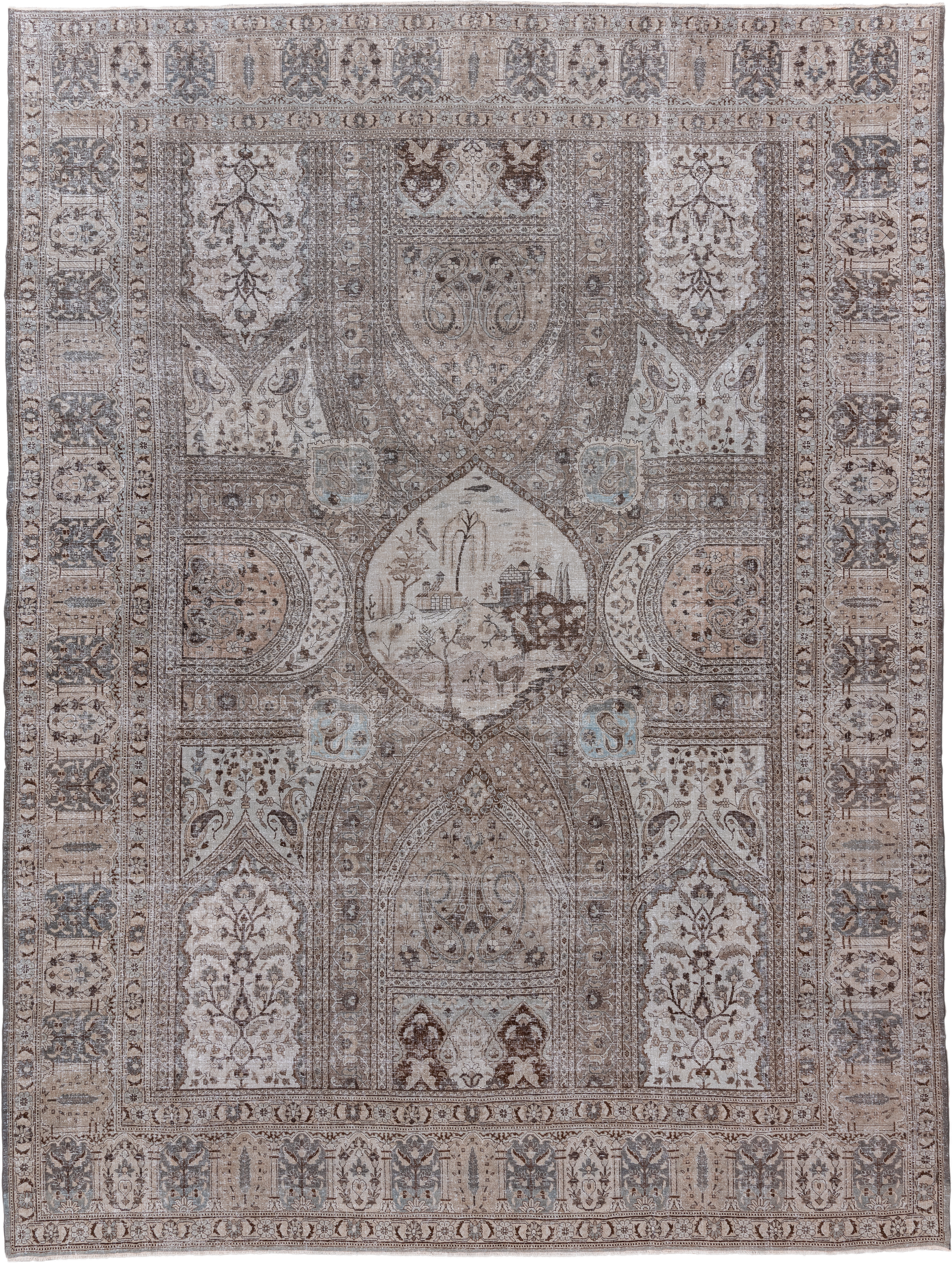 11' x 15' one-of-a-kind handmade vintage Tabriz oversize rug. Color palette: taupe, ivory, brown, slate, pale blue, beige