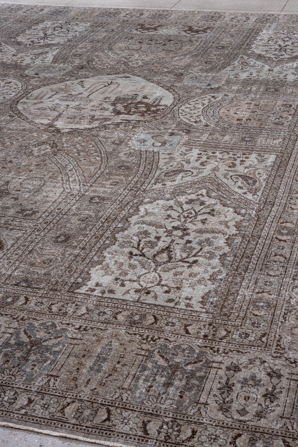 11' x 15' one-of-a-kind handmade vintage Tabriz oversize rug. Color palette: taupe, ivory, brown, slate, pale blue, beige
