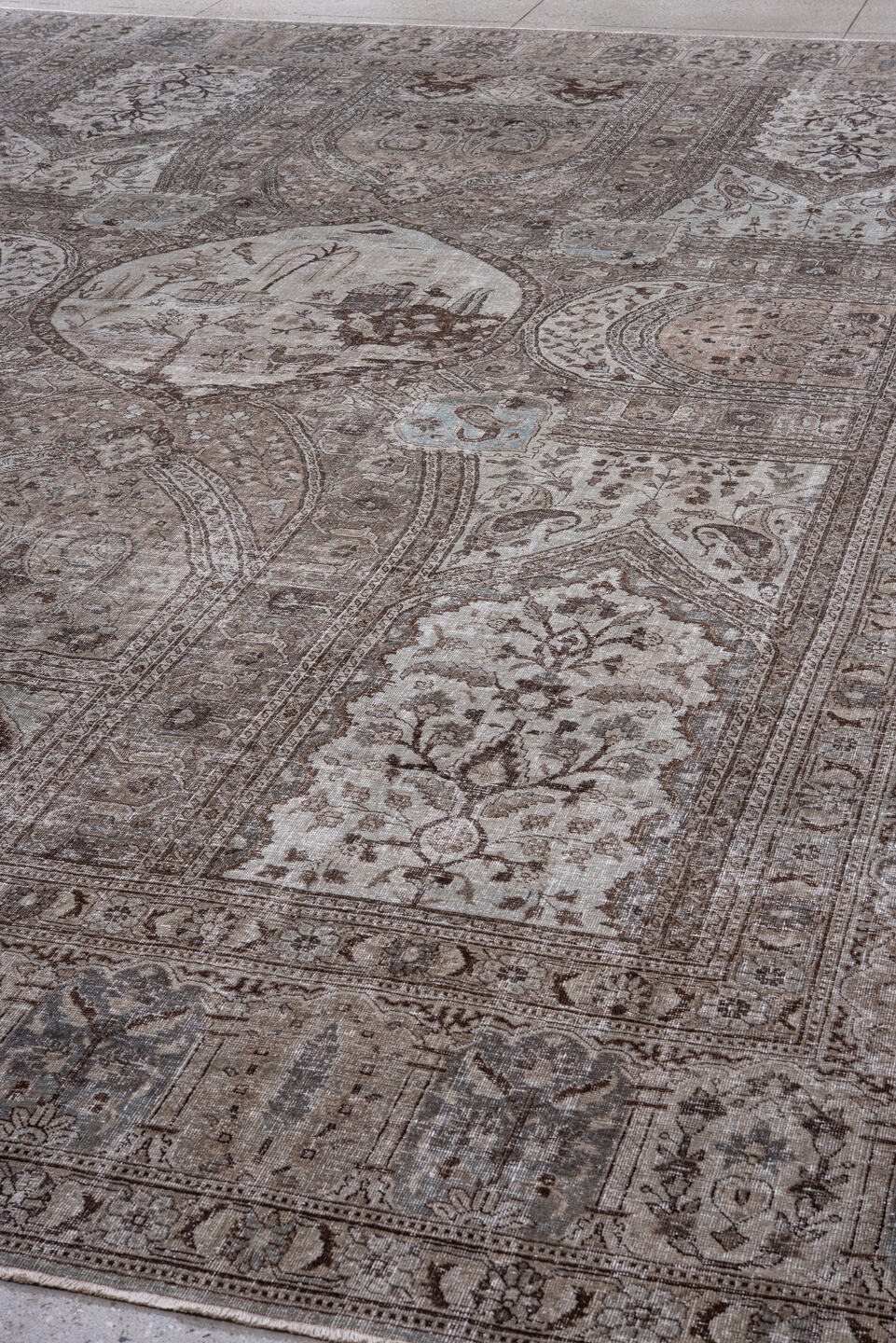 11' x 15' one-of-a-kind handmade vintage Tabriz oversize rug. Color palette: taupe, ivory, brown, slate, pale blue, beige