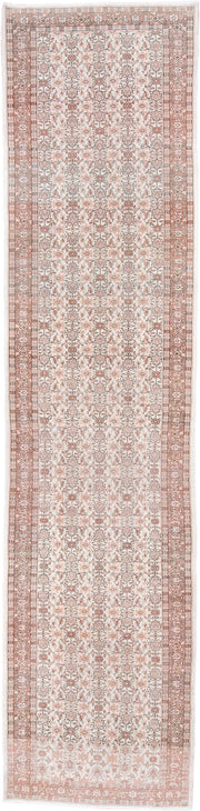 3' x 15' one-of-a-kind handmade antique Sparta runner rug. Color palette: ivory, blush, rose, taupe, sage, camel, pink, red