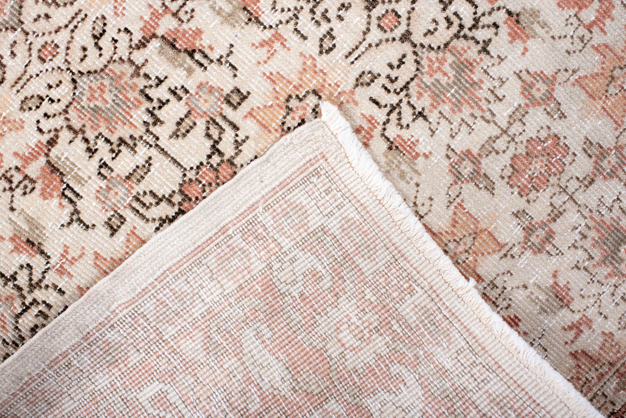 3' x 15' one-of-a-kind handmade antique Sparta runner rug. Color palette: ivory, blush, rose, taupe, sage, camel, pink, red