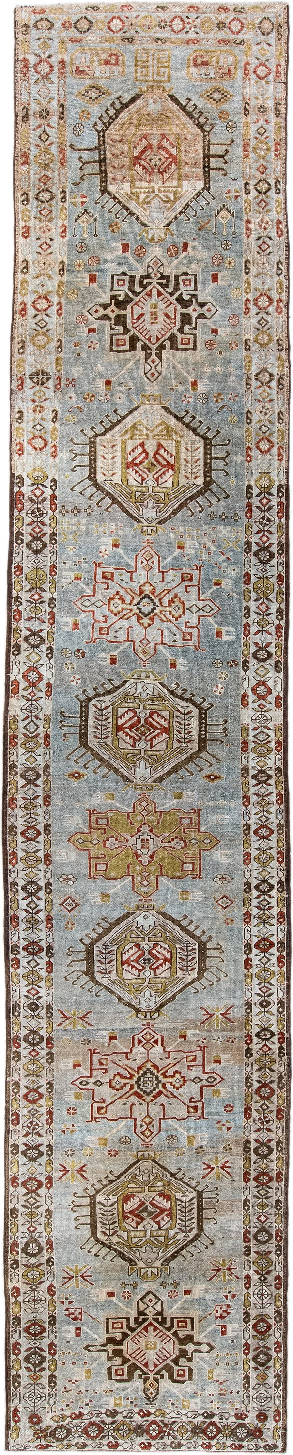 3' x 17' one-of-a-kind handmade antique Heriz runner rug. Color palette: light blue, ivory, rust, brown, camel, gold, taupe
