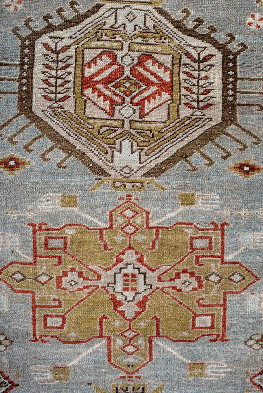 3' x 17' one-of-a-kind handmade antique Heriz runner rug. Color palette: light blue, ivory, rust, brown, camel, gold, taupe