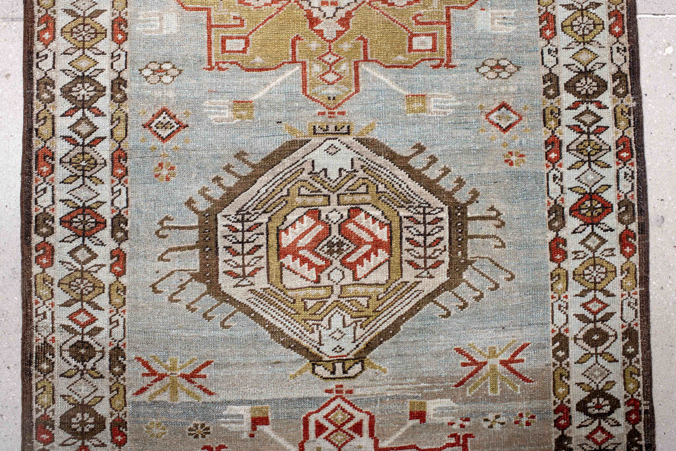 3' x 17' one-of-a-kind handmade antique Heriz runner rug. Color palette: light blue, ivory, rust, brown, camel, gold, taupe