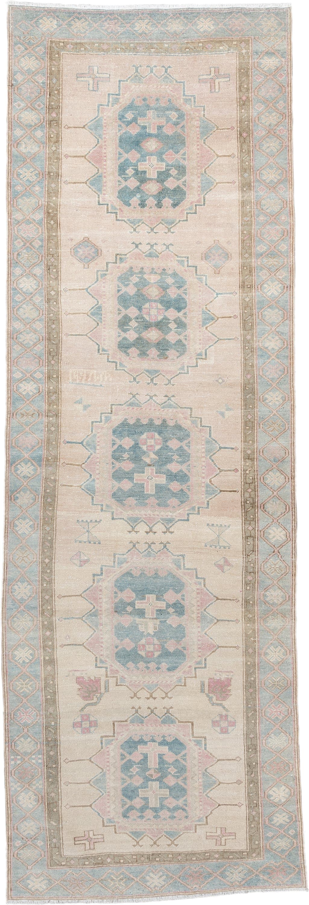 3' x 10' one-of-a-kind handmade antique Saraband runner rug. Color palette: ivory, sky blue, blush, taupe, sage, rose