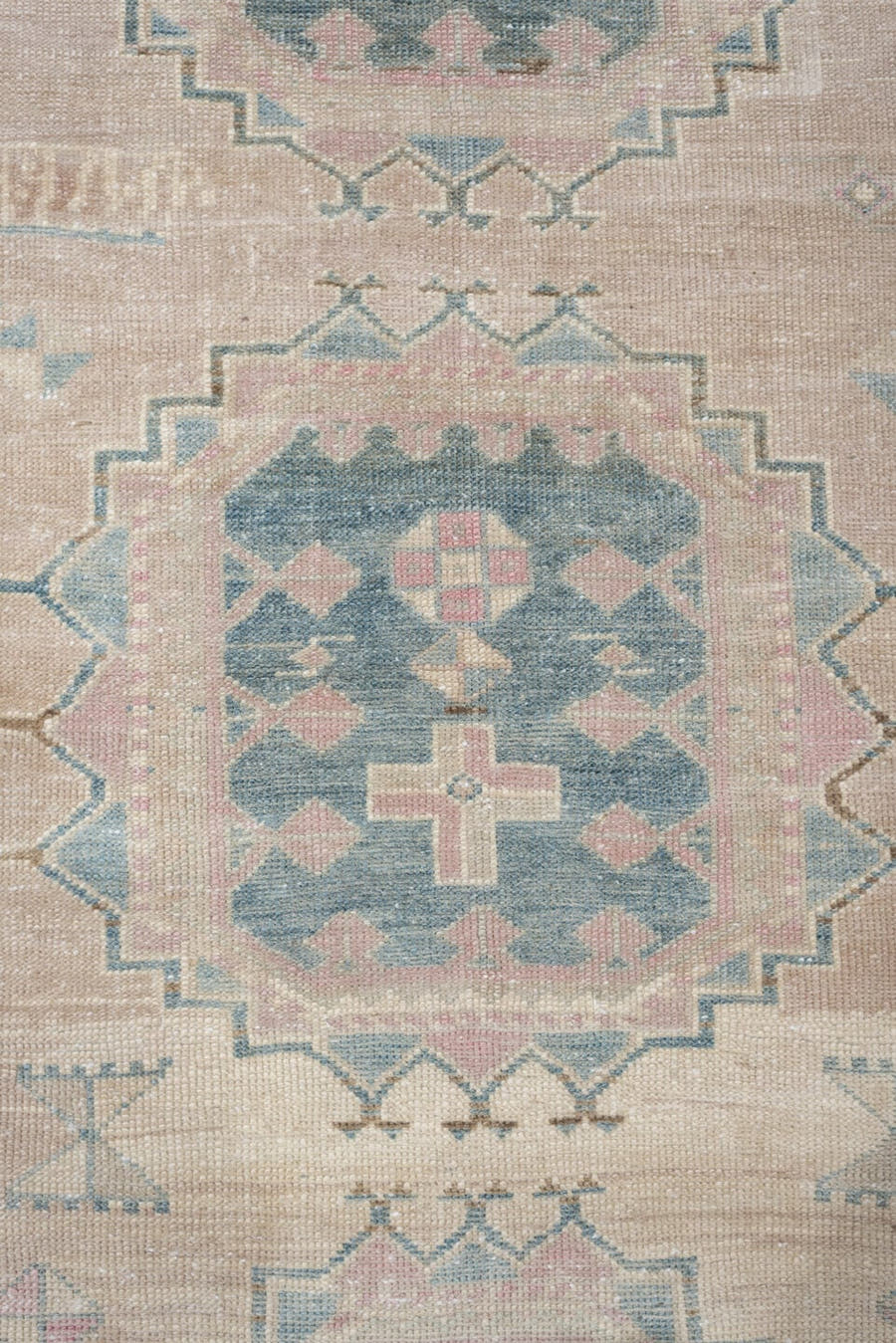 3' x 10' one-of-a-kind handmade antique Saraband runner rug. Color palette: ivory, sky blue, blush, taupe, sage, rose
