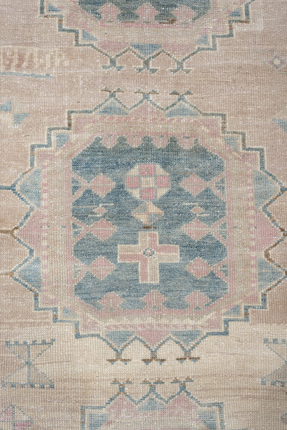 3' x 10' one-of-a-kind handmade antique Saraband runner rug. Color palette: ivory, sky blue, blush, taupe, sage, rose