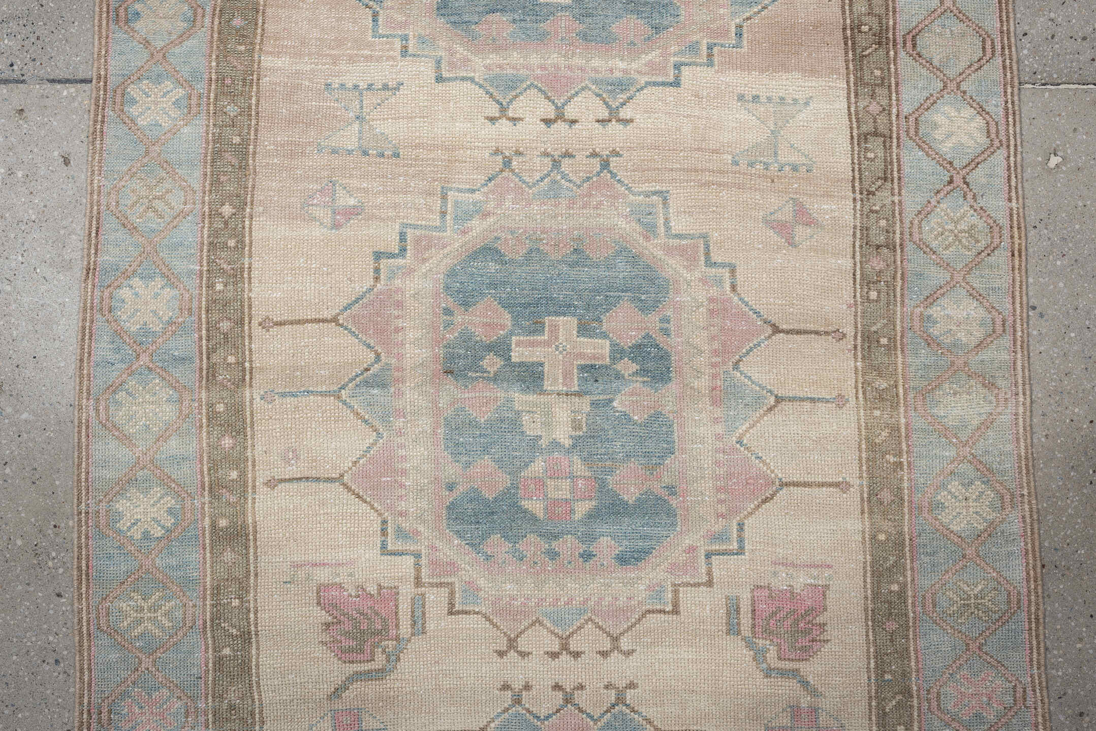 3' x 10' one-of-a-kind handmade antique Saraband runner rug. Color palette: ivory, sky blue, blush, taupe, sage, rose