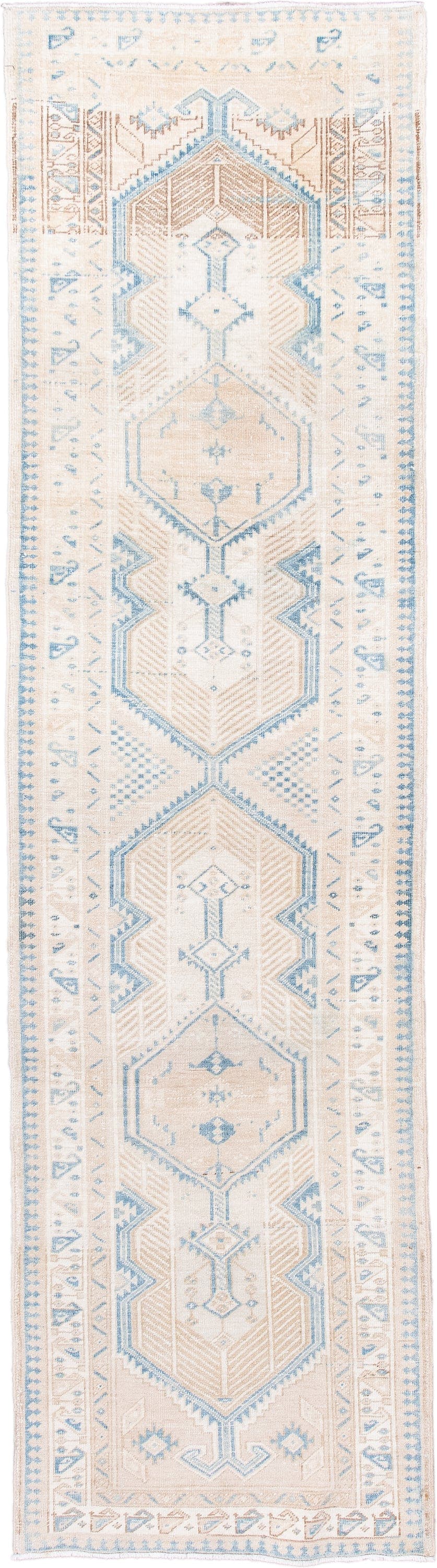 3' x 11' one-of-a-kind handmade antique Sarab runner rug. Color palette: ivory, sky blue, camel, beige, taupe, light blue