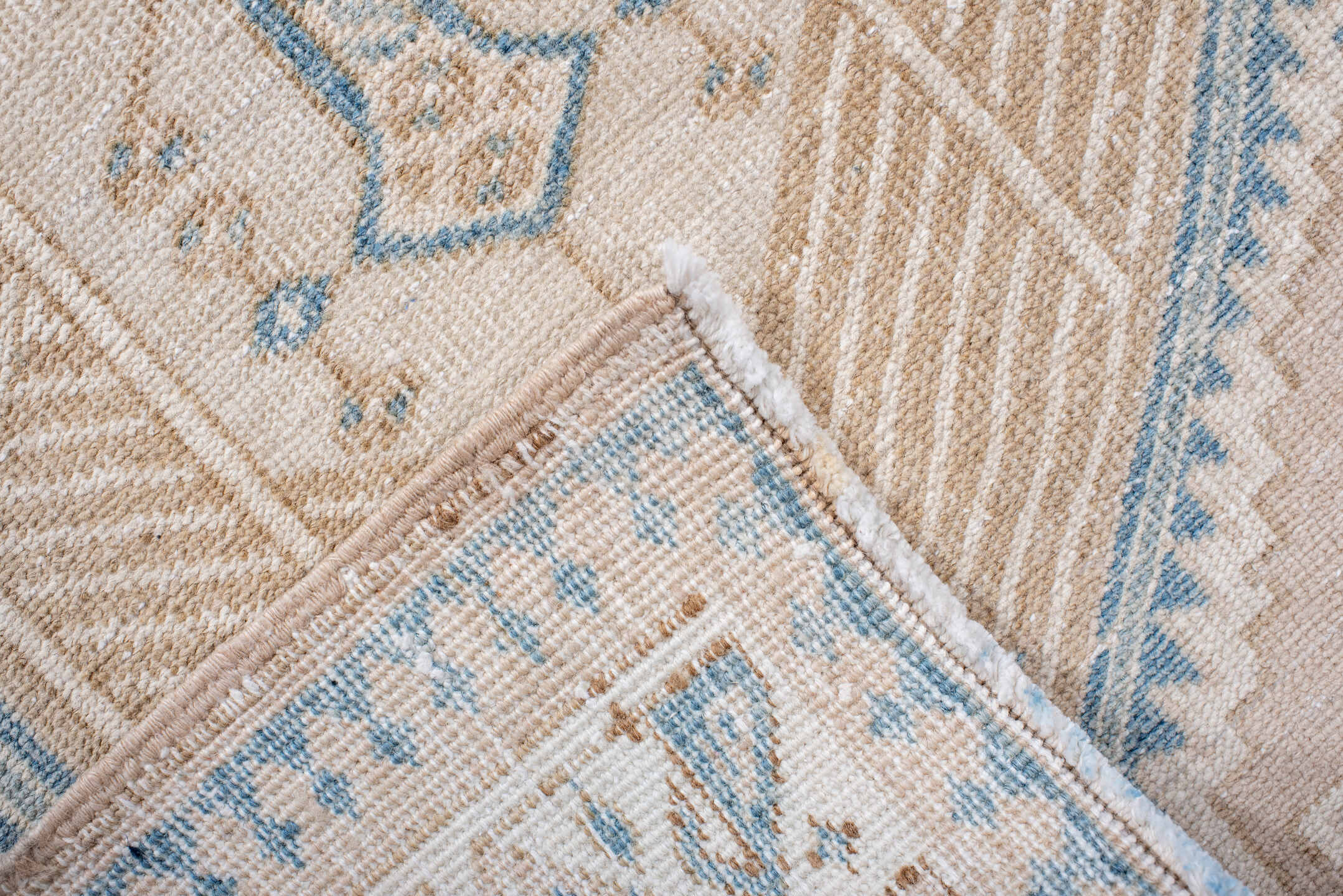 3' x 11' one-of-a-kind handmade antique Sarab runner rug. Color palette: ivory, sky blue, camel, beige, taupe, light blue