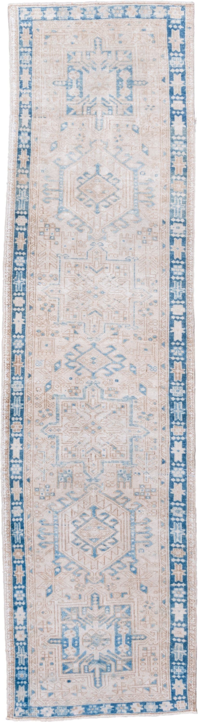 2' x 10' one-of-a-kind handmade vintage Karaje runner rug. Color palette: ivory, sky_blue, beige, taupe, camel, light blue