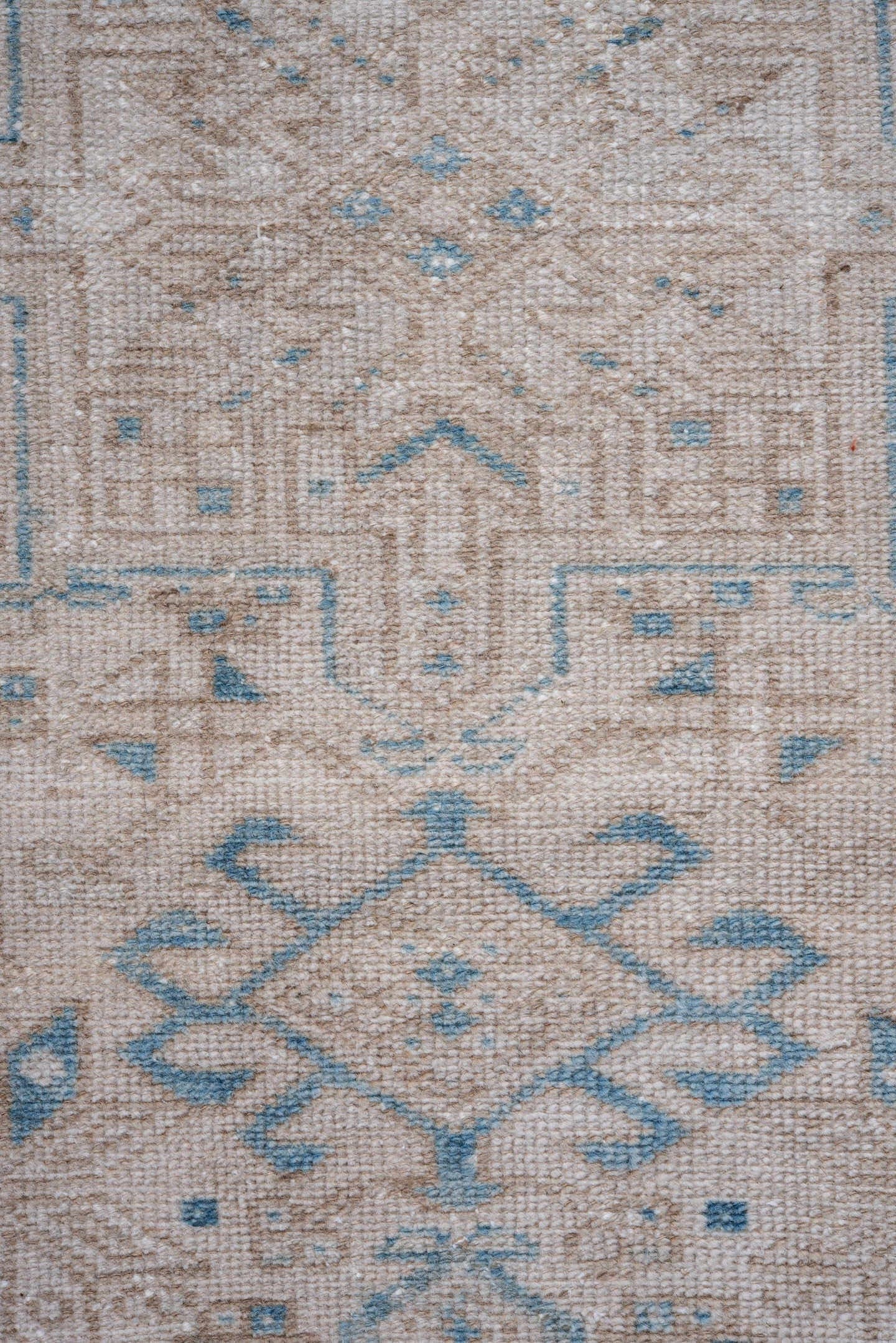 2' x 10' one-of-a-kind handmade vintage Karaje runner rug. Color palette: ivory, sky_blue, beige, taupe, camel, light blue