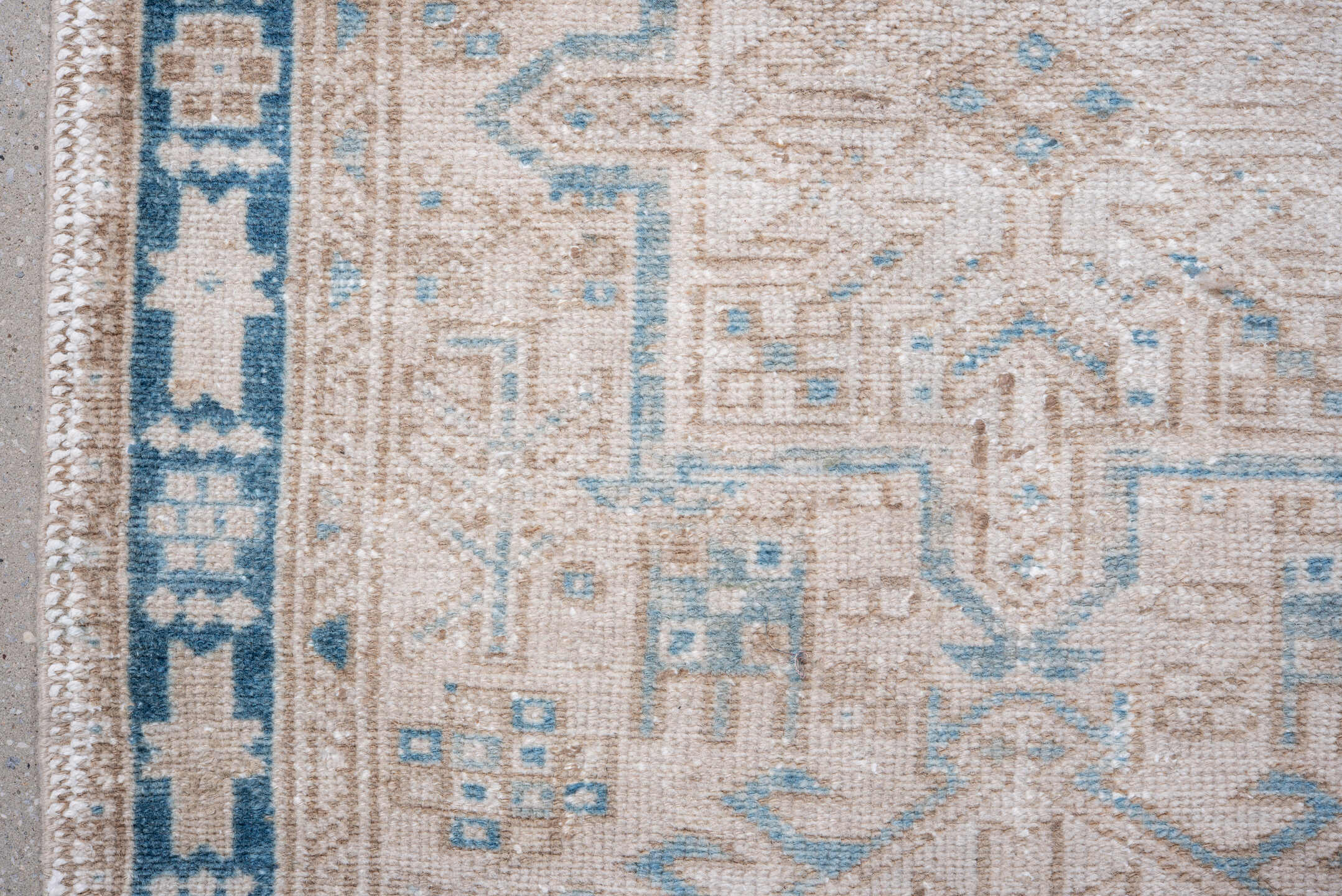 2' x 10' one-of-a-kind handmade vintage Karaje runner rug. Color palette: ivory, sky_blue, beige, taupe, camel, light blue