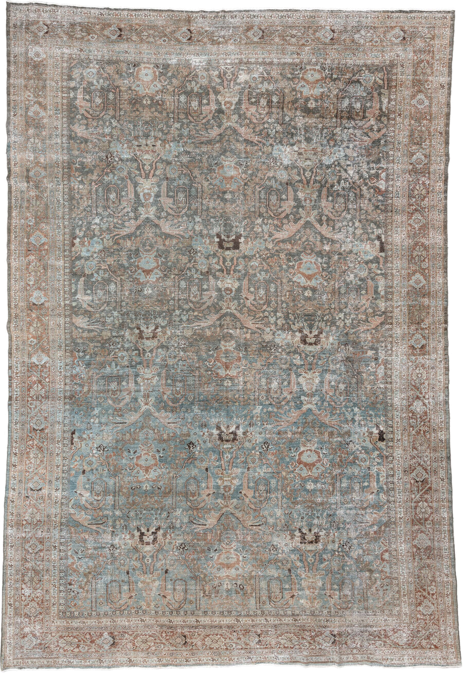 10' x 15' one-of-a-kind handmade vintage Sultanabad rug. Color palette: aqua, gray, ivory, rust, taupe, charcoal, beige