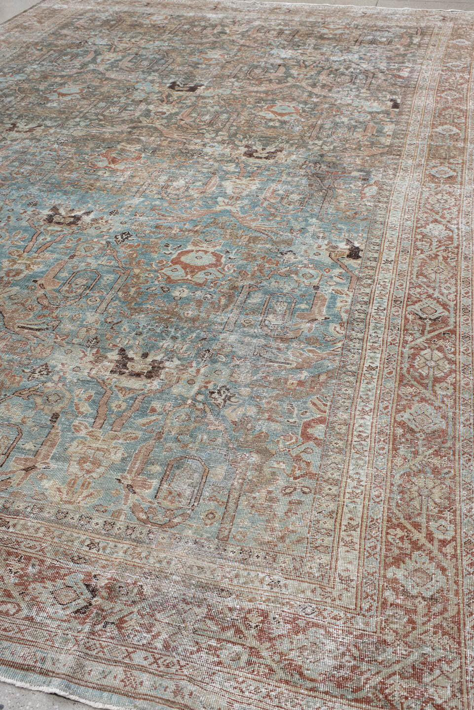10' x 15' one-of-a-kind handmade vintage Sultanabad rug. Color palette: aqua, gray, ivory, rust, taupe, charcoal, beige