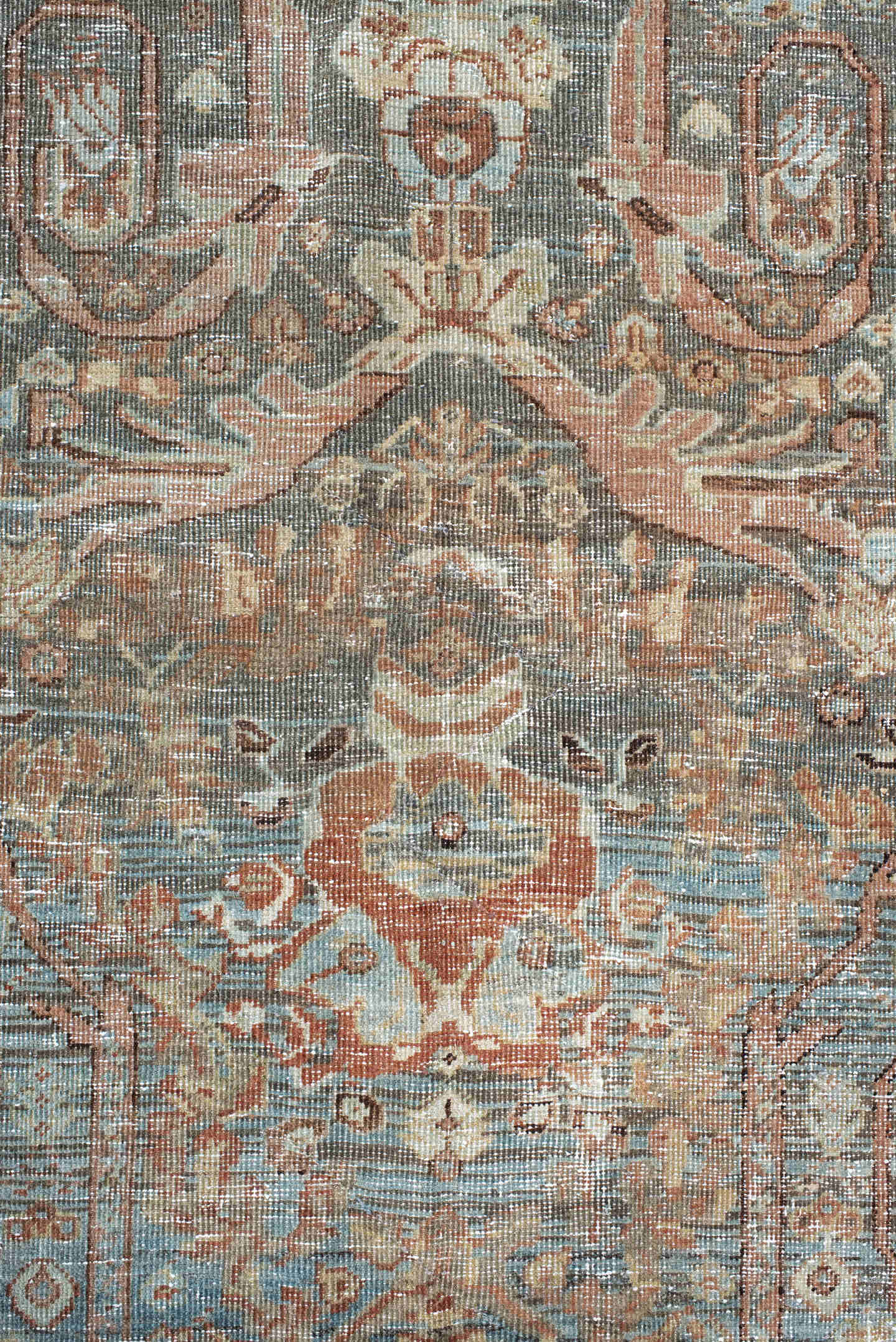 10' x 15' one-of-a-kind handmade vintage Sultanabad rug. Color palette: aqua, gray, ivory, rust, taupe, charcoal, beige