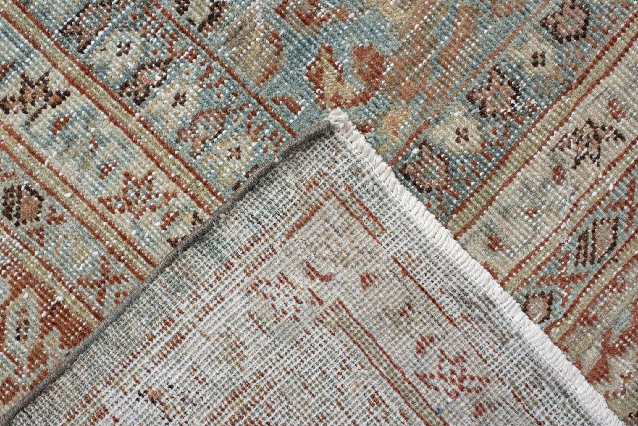 10' x 15' one-of-a-kind handmade vintage Sultanabad rug. Color palette: aqua, gray, ivory, rust, taupe, charcoal, beige