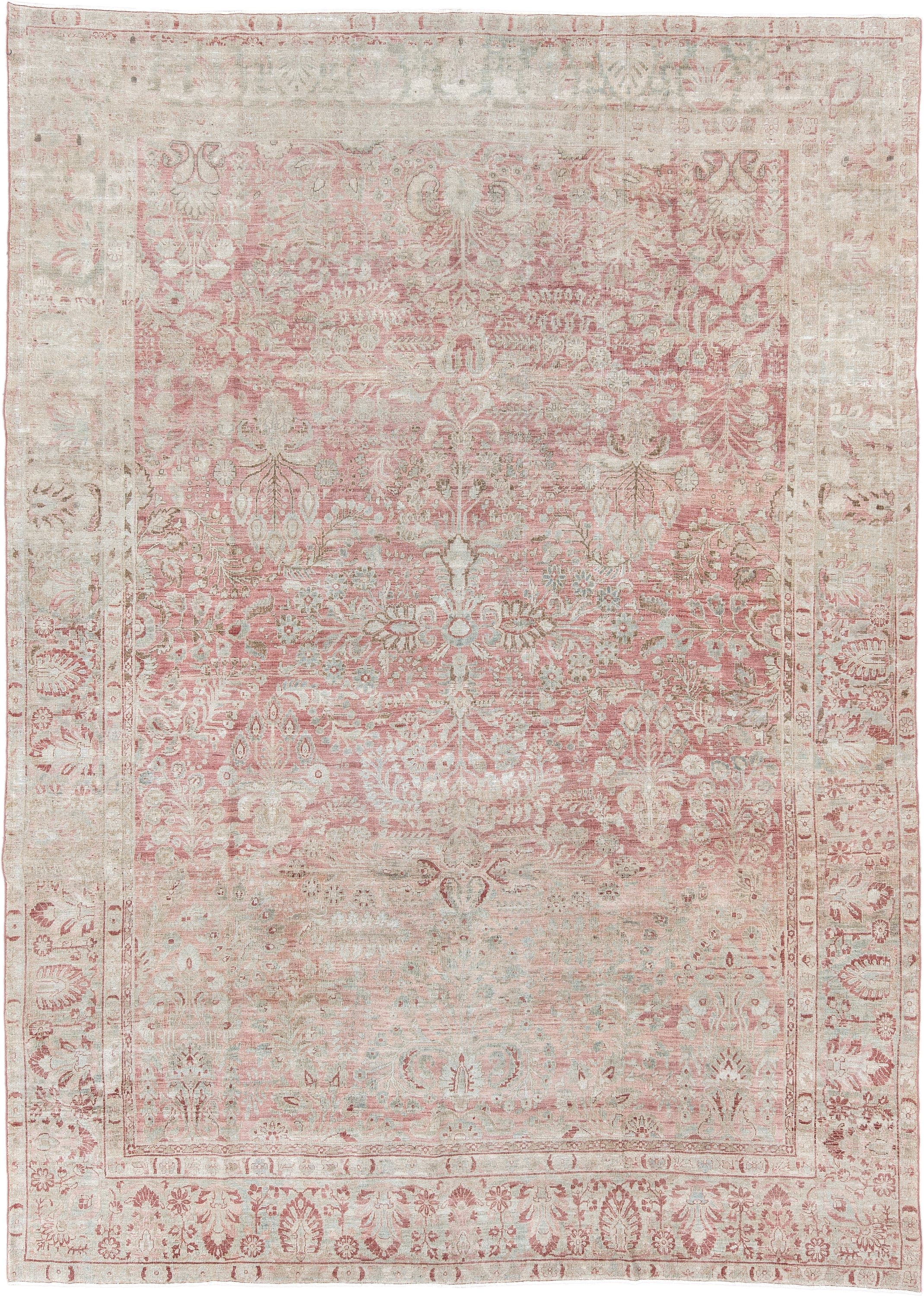 8' x 11' one-of-a-kind handmade antique Sarouk large size rug. Color palette: ivory, rose, blush, taupe, pale sage