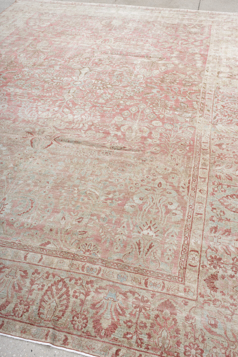 8' x 11' one-of-a-kind handmade antique Sarouk large size rug. Color palette: ivory, rose, blush, taupe, pale sage