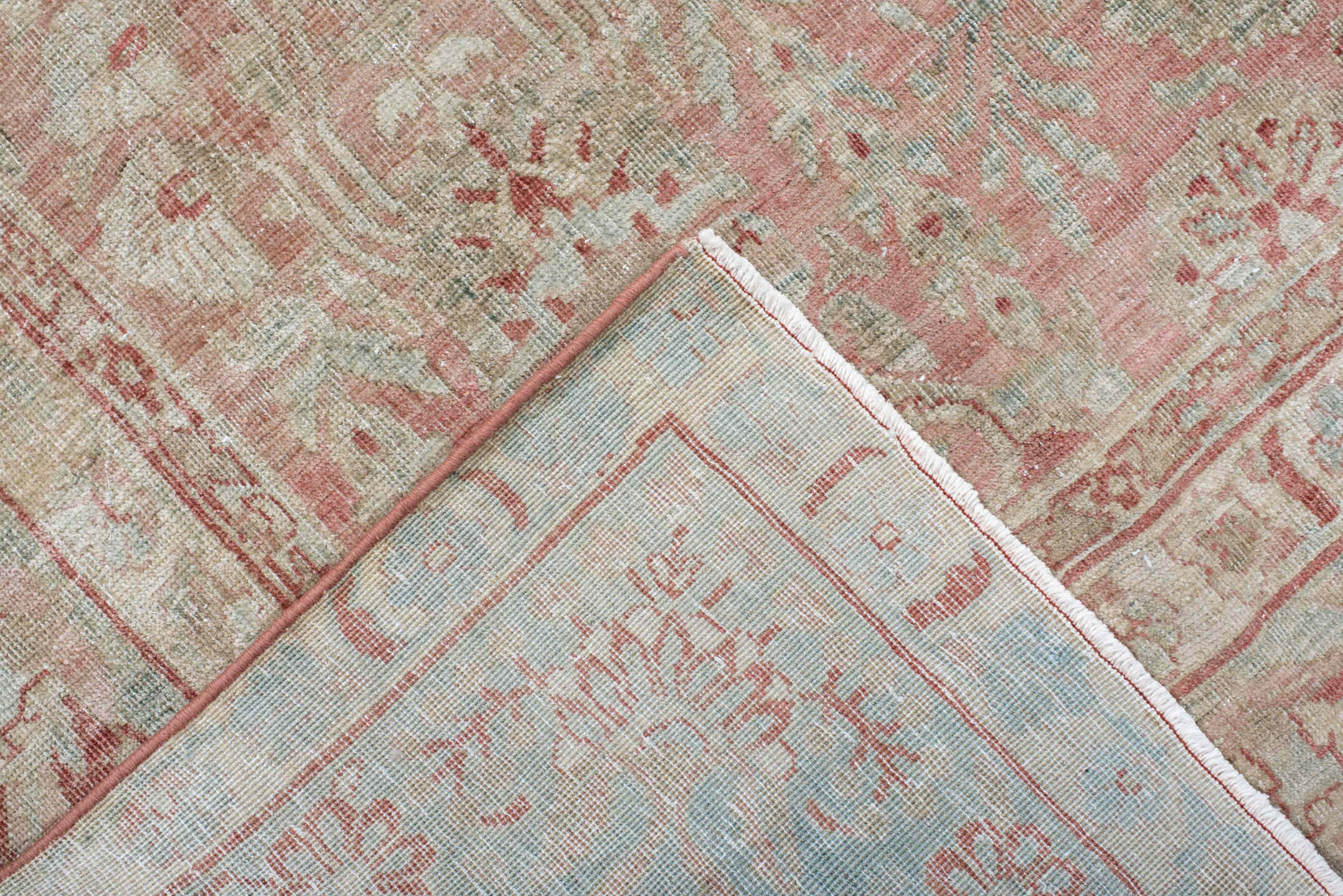 8' x 11' one-of-a-kind handmade antique Sarouk large size rug. Color palette: ivory, rose, blush, taupe, pale sage