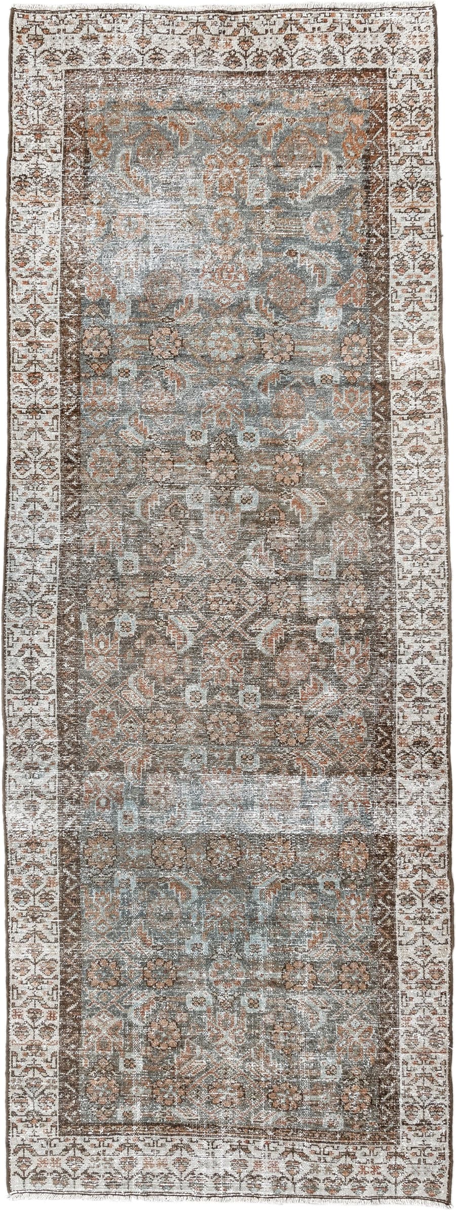 3' x 7' one-of-a-kind handmade vintage Malayer runner rug. Color palette: taupe, ivory, pale blue, rust, brown, beige, gray