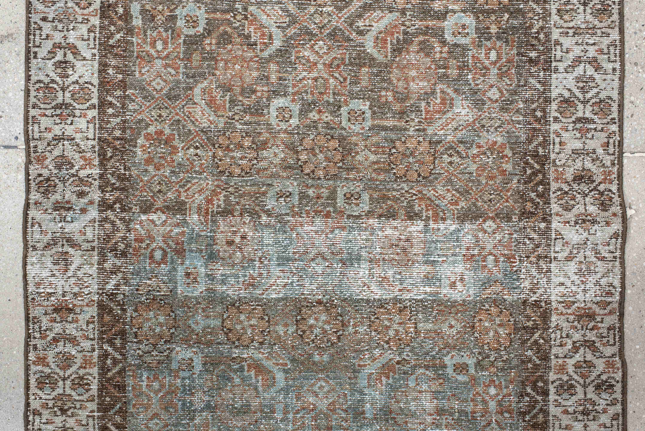 3' x 7' one-of-a-kind handmade vintage Malayer runner rug. Color palette: taupe, ivory, pale blue, rust, brown, beige, gray