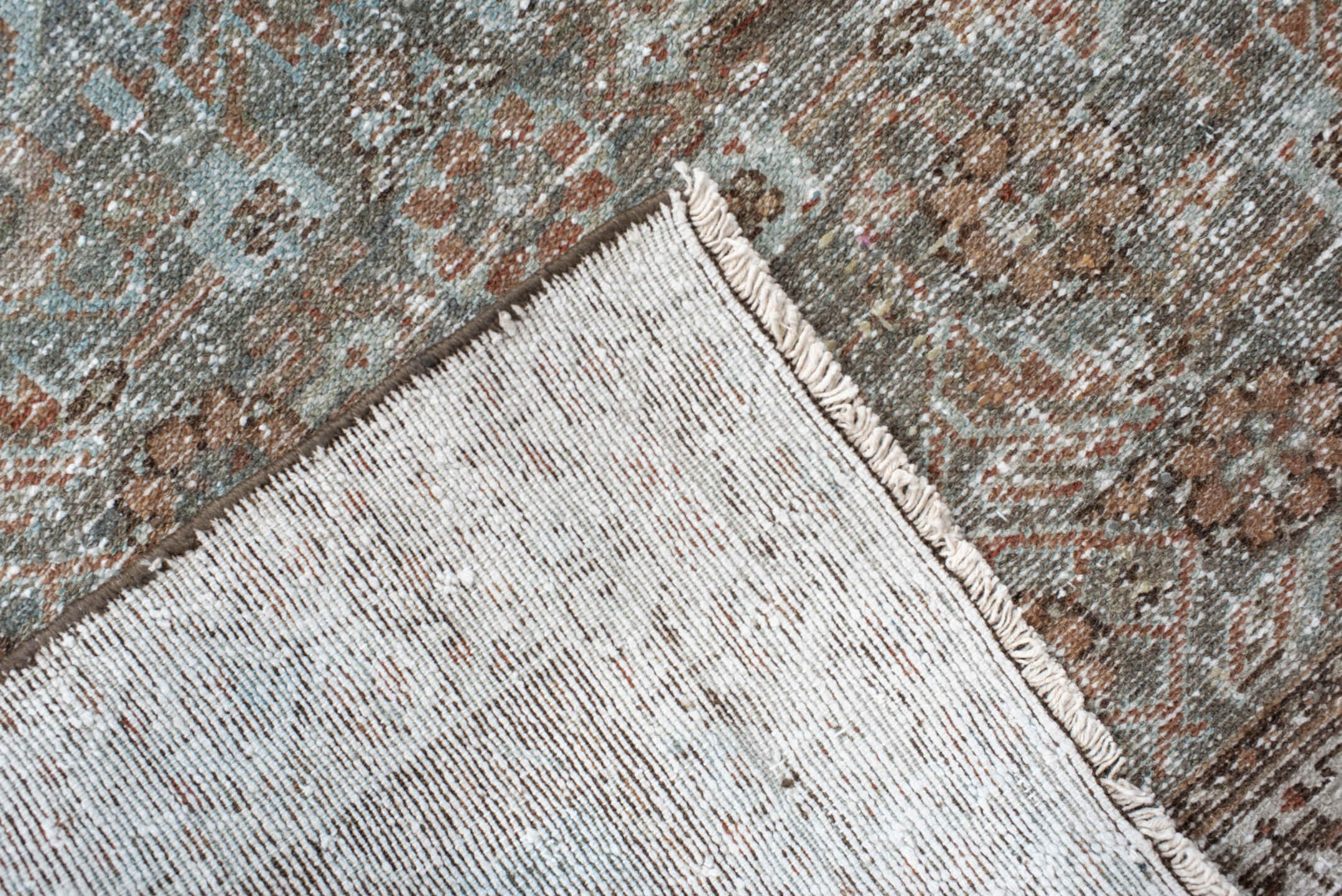 3' x 7' one-of-a-kind handmade vintage Malayer runner rug. Color palette: taupe, ivory, pale blue, rust, brown, beige, gray