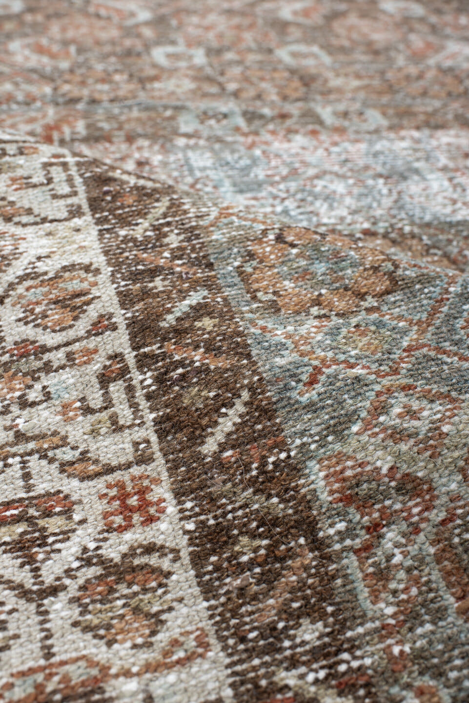 3' x 7' one-of-a-kind handmade vintage Malayer runner rug. Color palette: taupe, ivory, pale blue, rust, brown, beige, gray