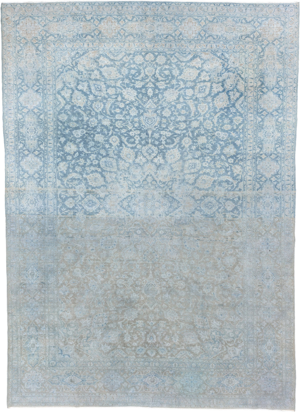 9' x 13' one-of-a-kind handmade vintage Sivas large size rug. Color palette: powder blue, ivory, pale taupe, soft gray
