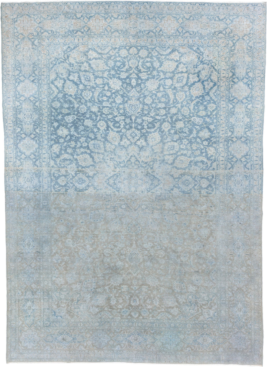 9' x 13' one-of-a-kind handmade vintage Sivas large size rug. Color palette: powder blue, ivory, pale taupe, soft gray