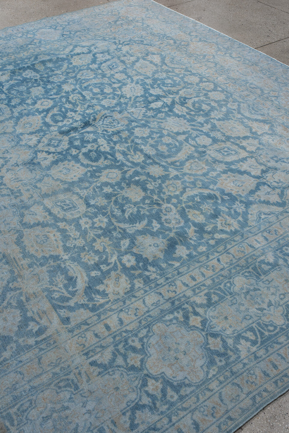 9' x 13' one-of-a-kind handmade vintage Sivas large size rug. Color palette: powder blue, ivory, pale taupe, soft gray
