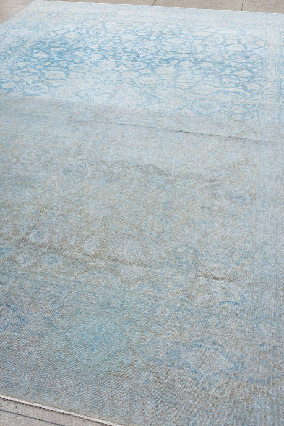 9' x 13' one-of-a-kind handmade vintage Sivas large size rug. Color palette: powder blue, ivory, pale taupe, soft gray