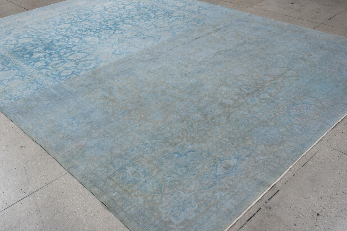 9' x 13' one-of-a-kind handmade vintage Sivas large size rug. Color palette: powder blue, ivory, pale taupe, soft gray