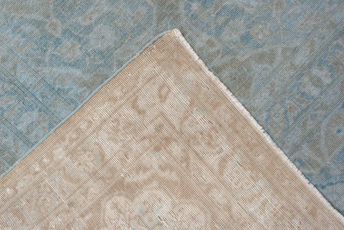 9' x 13' one-of-a-kind handmade vintage Sivas large size rug. Color palette: powder blue, ivory, pale taupe, soft gray