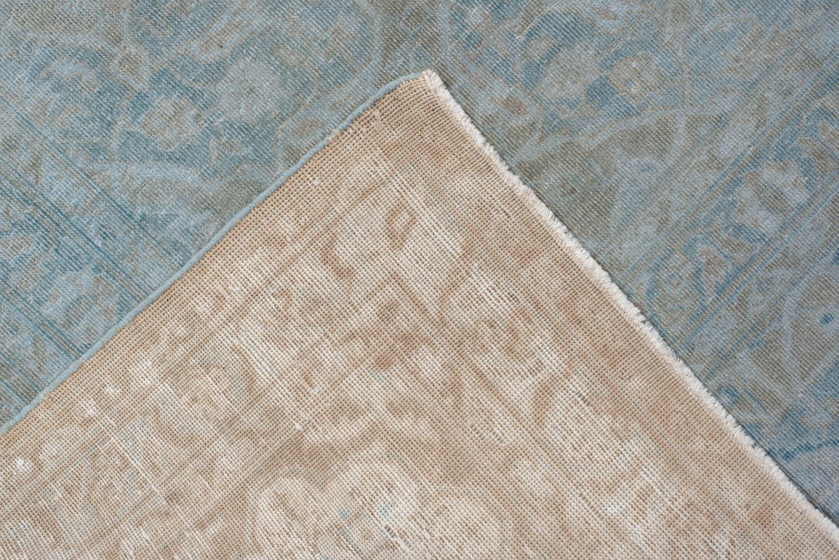 9' x 13' one-of-a-kind handmade vintage Sivas large size rug. Color palette: powder blue, ivory, pale taupe, soft gray
