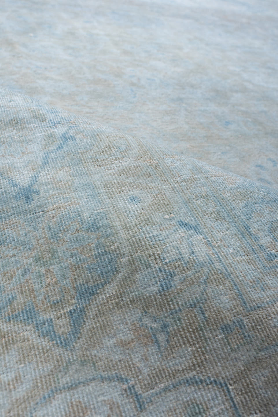 9' x 13' one-of-a-kind handmade vintage Sivas large size rug. Color palette: powder blue, ivory, pale taupe, soft gray