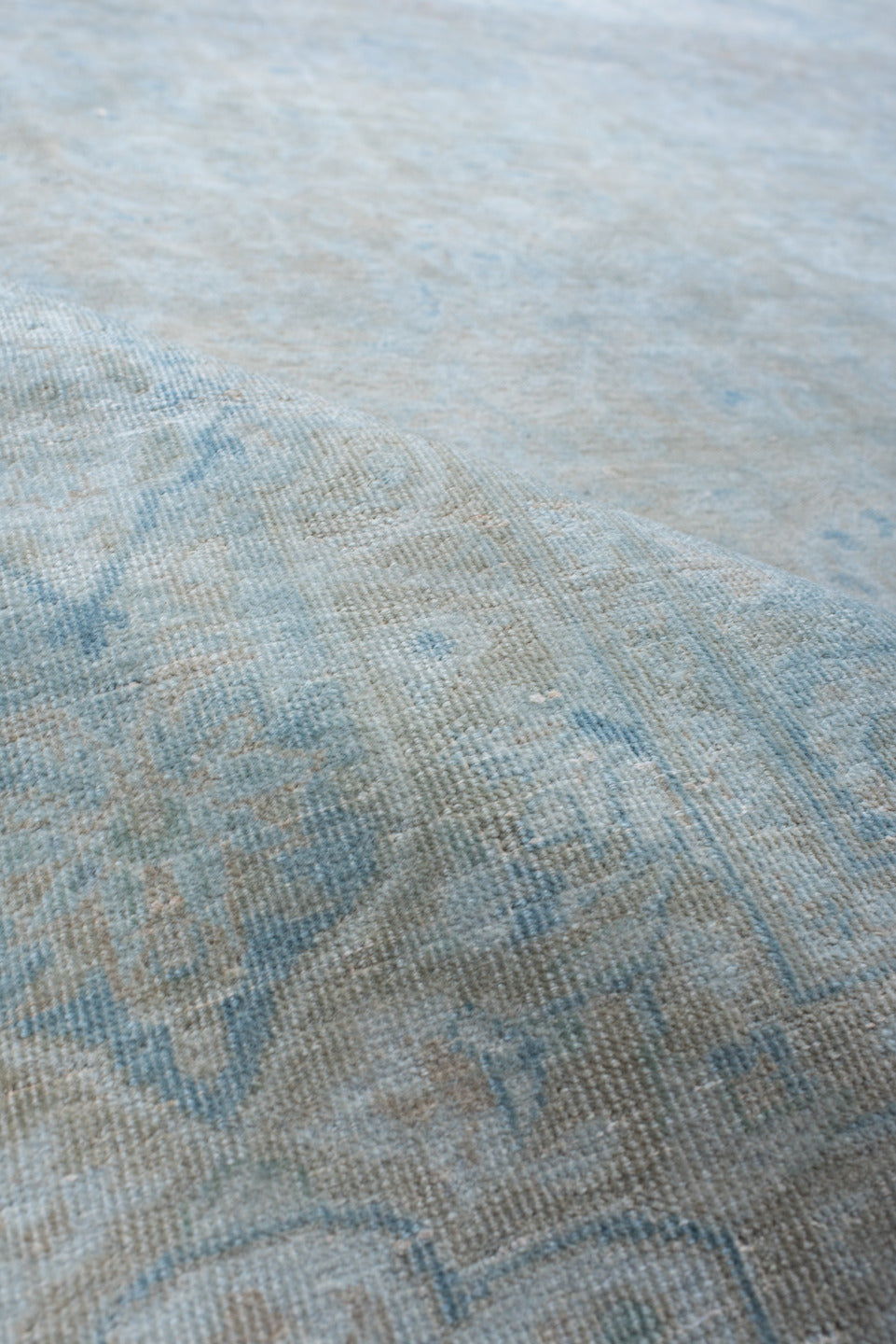 9' x 13' one-of-a-kind handmade vintage Sivas large size rug. Color palette: powder blue, ivory, pale taupe, soft gray