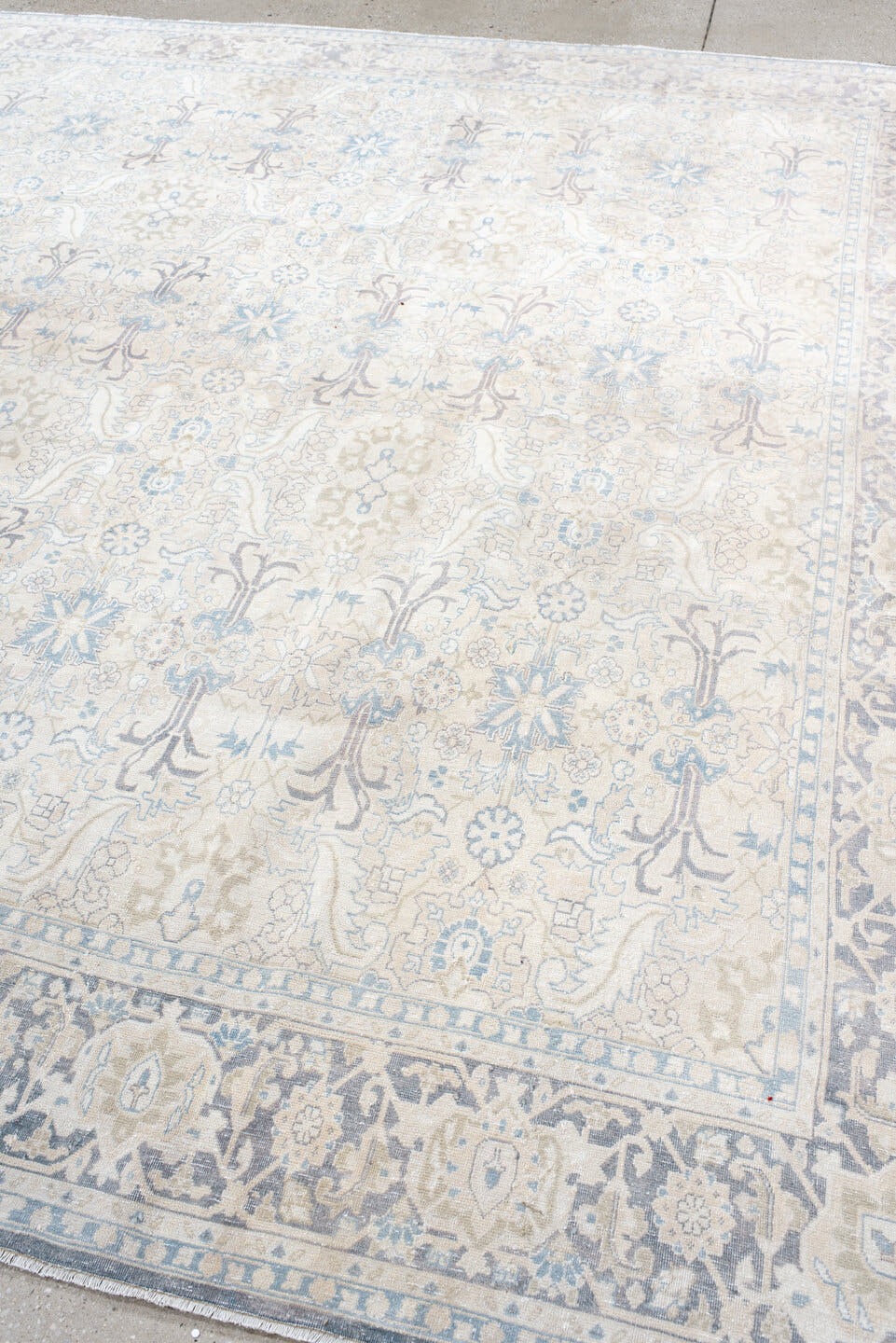 8' x 10' one-of-a-kind handmade antique Tabriz large size rug. Color palette: ivory, pale blue, taupe, lavender, cream
