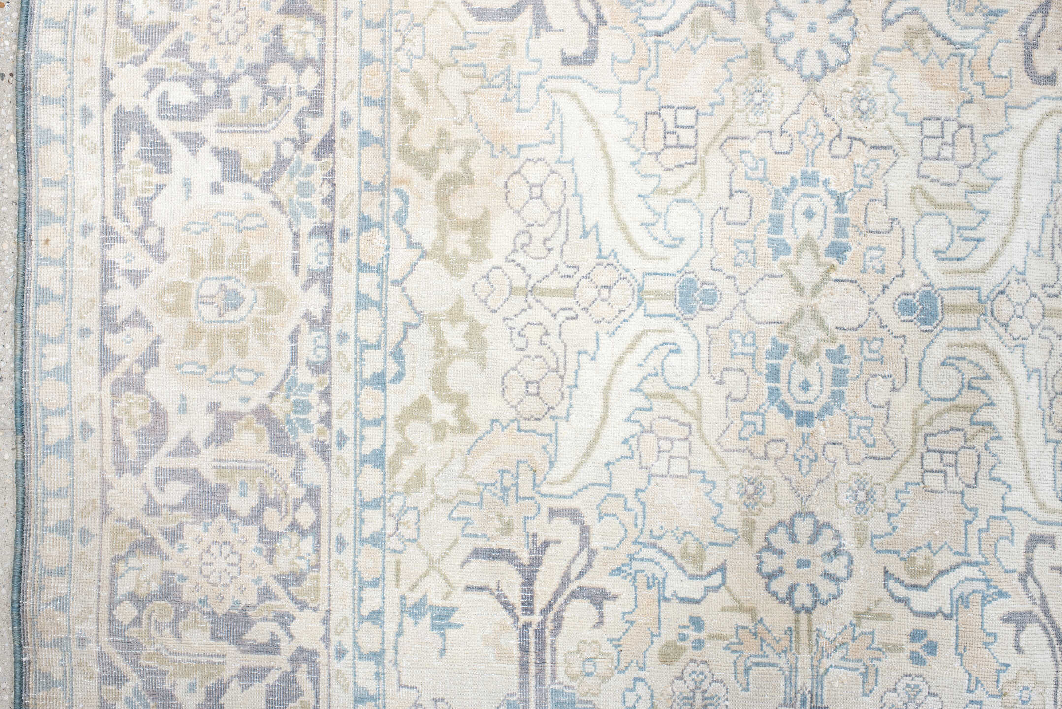 8' x 10' one-of-a-kind handmade antique Tabriz large size rug. Color palette: ivory, pale blue, taupe, lavender, cream