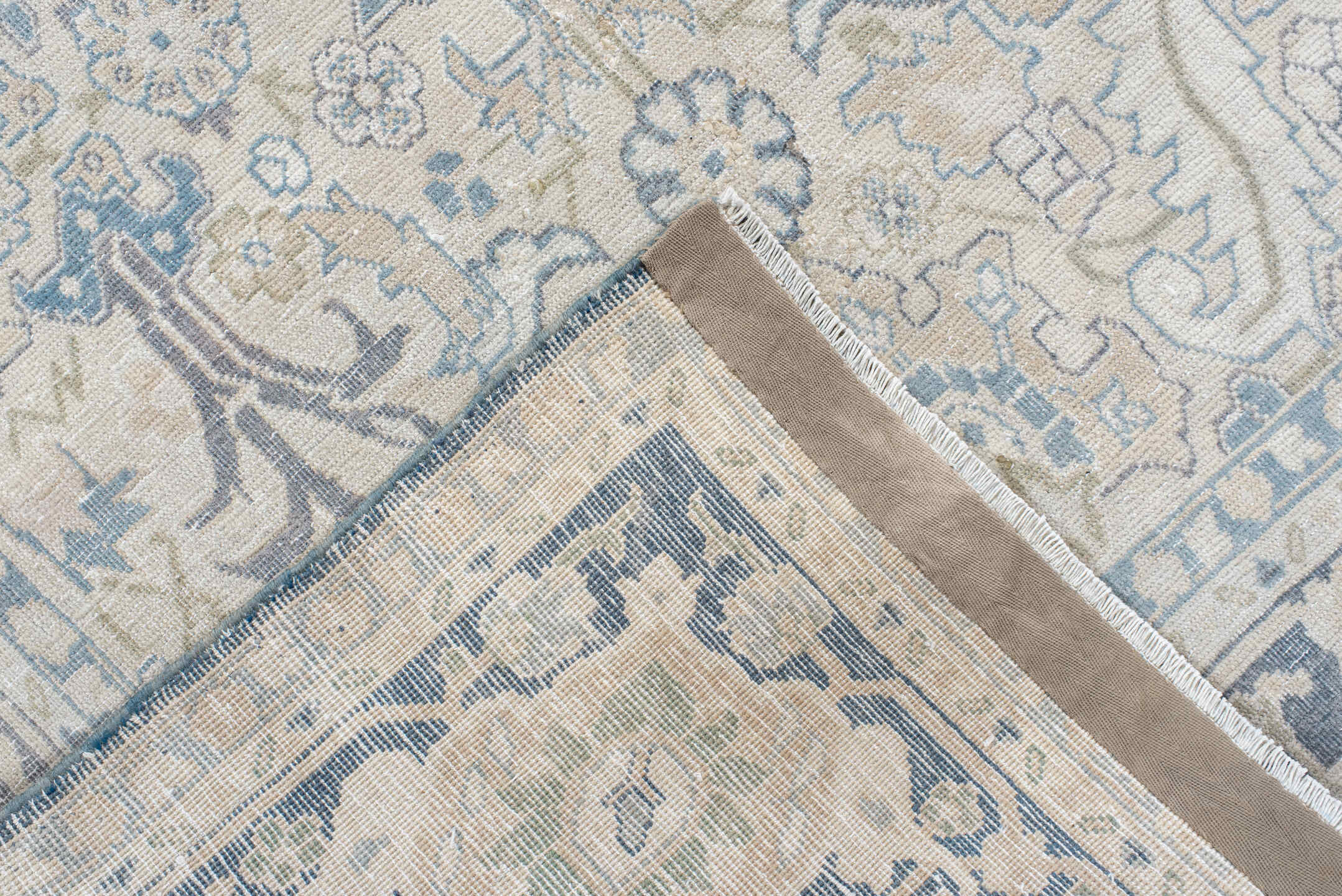 8' x 10' one-of-a-kind handmade antique Tabriz large size rug. Color palette: ivory, pale blue, taupe, lavender, cream