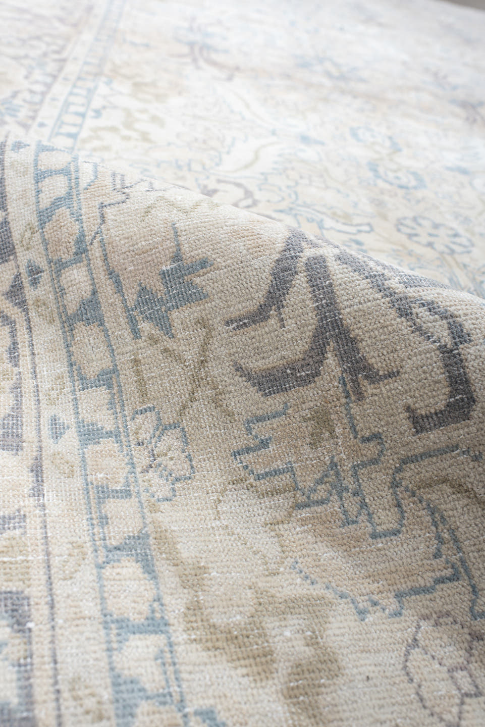8' x 10' one-of-a-kind handmade antique Tabriz large size rug. Color palette: ivory, pale blue, taupe, lavender, cream
