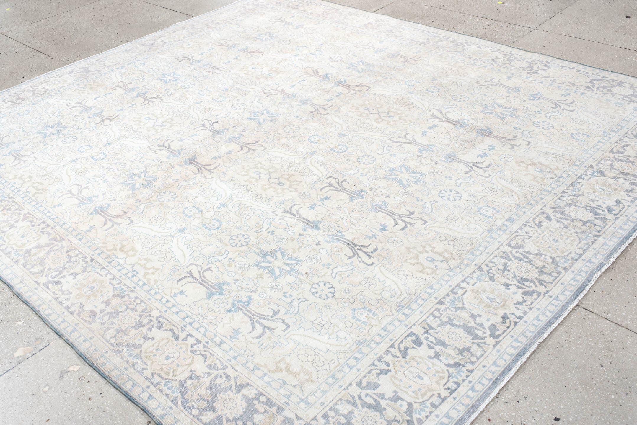 8' x 10' one-of-a-kind handmade antique Tabriz large size rug. Color palette: ivory, pale blue, taupe, lavender, cream