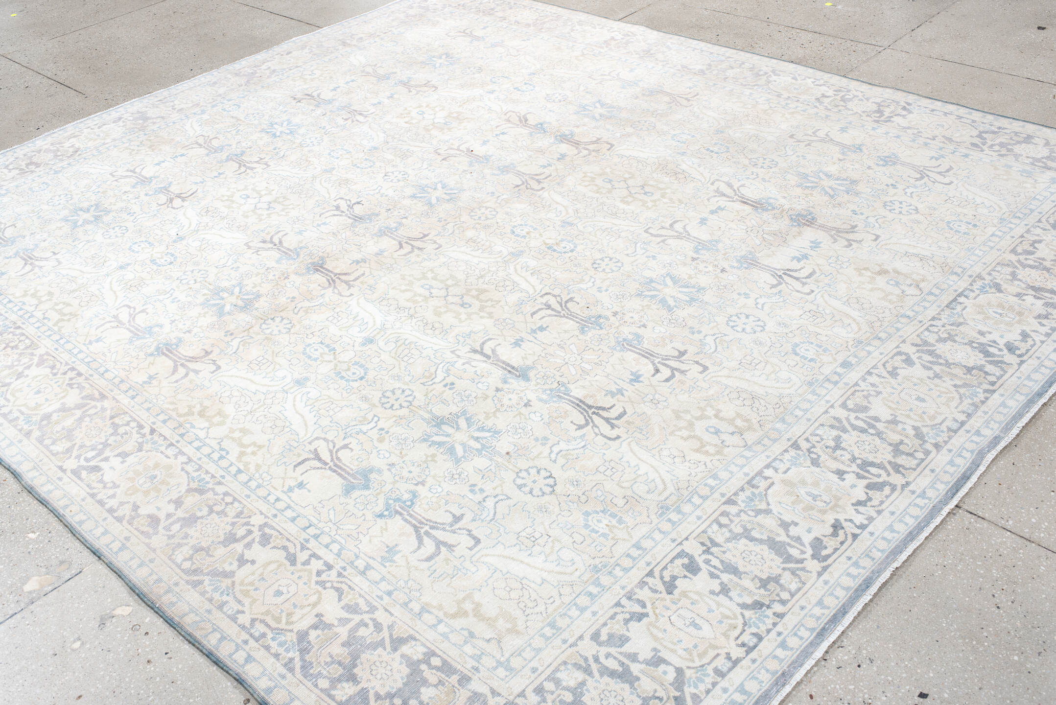 8' x 10' one-of-a-kind handmade antique Tabriz large size rug. Color palette: ivory, pale blue, taupe, lavender, cream