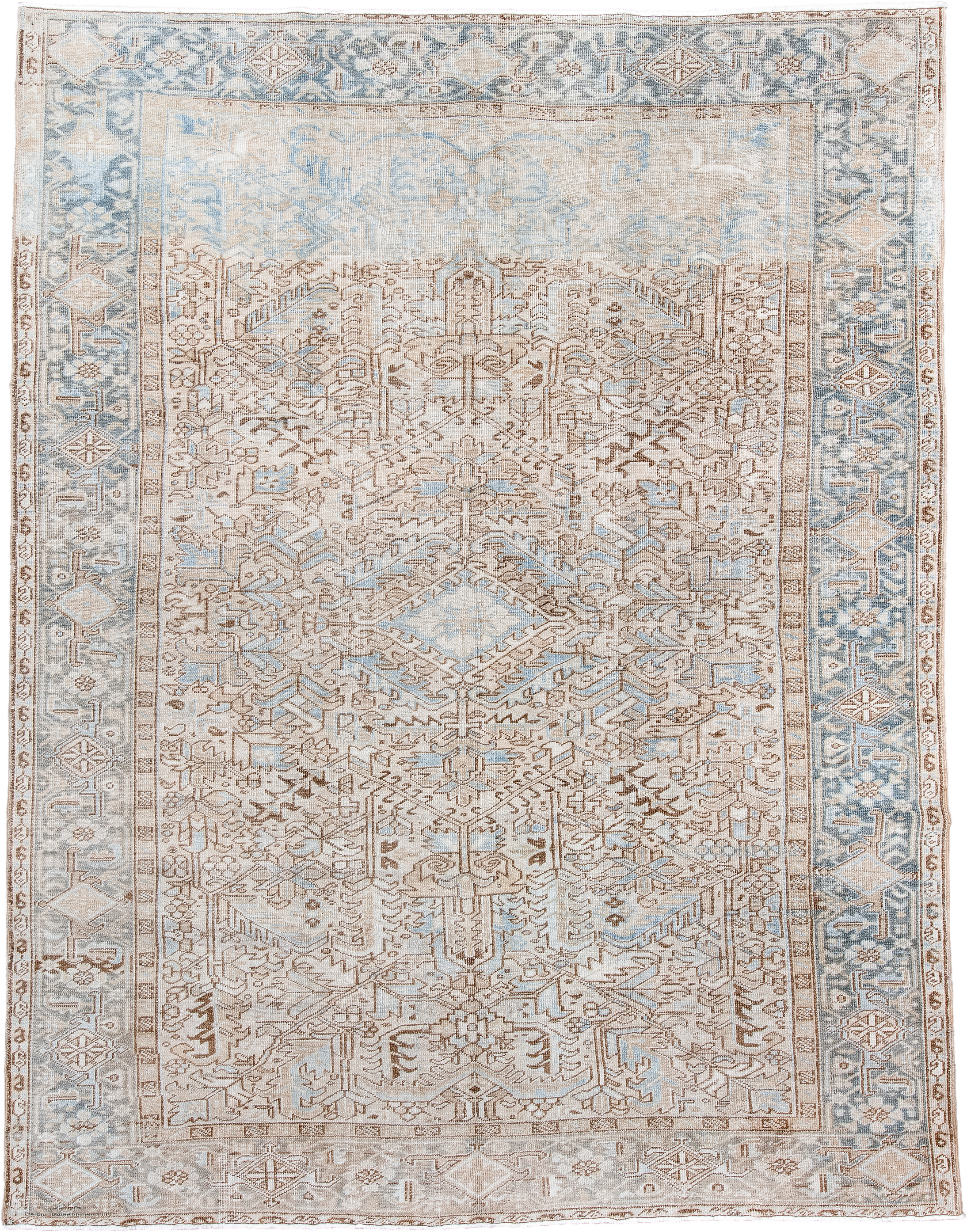 8' x 10' one-of-a-kind handmade antique Heriz large size rug. Color palette: ivory, pale blue, taupe, camel, beige